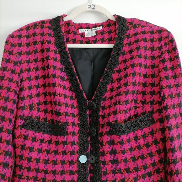 Geary Roark Womens Pink Houndstooth Print Silk Jacket Skirt Set Outfits Size 14 - Picture 3 of 12